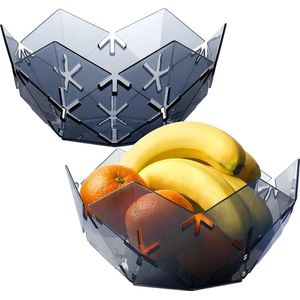Plastic fruitschalen, 2-pack, 25 x 13cm-geometrisch gevormde fruitmand, roest niet, uitgehold, decoratieve fruitschalen voor keuken - blauw