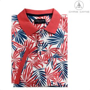 Chris Cayne heren poloshirt - maat M - geprint bladpatroon - jersey - kleur offwhite/koraalrood/blauw - polo met borstzak - middelgroot bladmotief