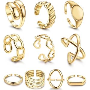10 Stks Gold Chunky Ringen voor Vrouwen - Verstelbare Stapelbare Ringenset