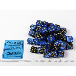 Chessex Gemini Zwart-Blauw/goud D6 12mm Dobbelsteen Set (36 stuks)