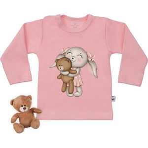 Baby t shirt met konijntje en knuffelbeer print opdruk - Roze - lange mouw - maat 74/80.