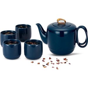 Porseleinen theepot, gebogen handgreep, 4 kopjes, theeservies met zeefinzet voor losse thee, 1000 ml, luxe gouden rand, glad, marineblauw, keramiek, kan voor geschenken