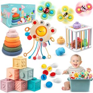Babyspeelgoed set vanaf 6 maanden, 6-in-1 sensorisch speelgoed, 6-12 maanden, Montessori-speelgoed voor kinderen van 1-3 jaar oud met stapelblokken, trektouw, sensorische babybakken, zuignap