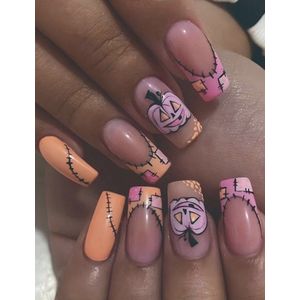 Nep nagels - Plaknagels - Halloween - Oranje - Roze - Medium - Vierkant - Trendy - Halloween nagels