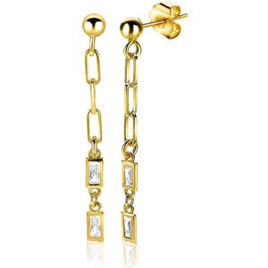 ZINZI zilveren oorhangers 39mm 14K geel verguld paperclip schakels en baguette witte zirconia's ZIO1993G