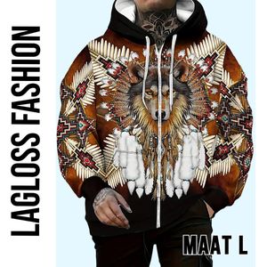 LaGloss® Heren Wolf Print Hoodie Vest– Fleece Gevoerd Zip-Up Jack met Capuchon, Tribale Wolfpatronen, Zakken & Trekkoord – Warme Wintervest voor Herfst/Winter – Maat L