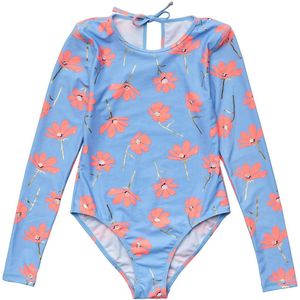 Snapper Rock - UV Zwempak voor meisjes - Lange mouw - Beach Bloom - Blauw/Roze - maat 2 (76-88cm)