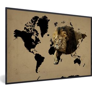 Fotolijst incl. Poster - Wereldkaart - Zwart - Leeuw - 30x20 cm - Posterlijst
