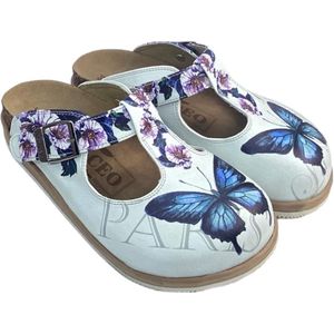 GOBY Clogs met Blue Butterfly Design – Handgemaakt – Hoge Kwaliteit – Maat 37