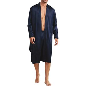 Nivard Satijnen Badjas Heren - Kimono - Kamerjas - Satijn - Ochtendjas - Pyjama - Marineblauw - Maat L