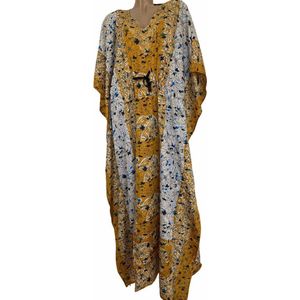 Kaftan olifantenprint met aantrekkoord en v hals RSL Dames Jurk Maat One Size 36-50 geel