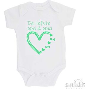 100% katoenen Romper ""De liefste opa & oma met de namen van 2 kleinkinderen"" Unisex Katoen Wit/mint Maat 62/68