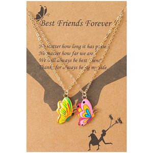 BFF Ketting voor 2 met Groene & Roze Vlinders - Goudkleurig - Vriendschapsketting met Cadeau kaartje - Pax Amare