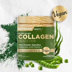Nutraxin Vegan Plant-Based Collagen Booster (300g) - Banaan Smaak, Glutenvrij & Suikervrij met Erwtenproteïne, Spirulina, Hyaluronzuur en Vitamine C - Collagen Booster - Collageen - Vegan collageen - Herbal - Bio - Vegan- collageen Poeder