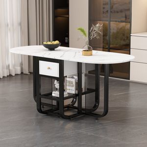 Sweiko Opvouwbare Eettafel,Uitbreidbare Eettafel, Multifunctionele Uitbreidbare eettafel, eettafel met opbergruimte, koffievrijetijdstafel, eettafel met lades, 3 vormen van eettafel (Wit+Zwart)