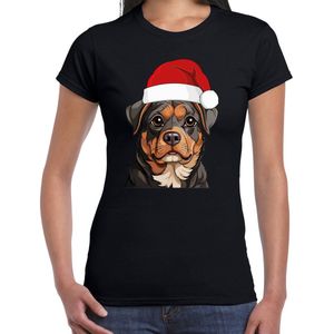 Bellatio Decorations Kerst T-shirt voor dames - Rottweiler hond met kerstmuts - zwart - Kerstfeest XS