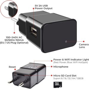 Spy Camera - Verborgen - Spionage - Geheime - Spion - Beveiliging - Wifi Met App - Inclusief 64GB Geheugenkaart - Adapter