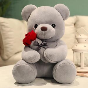 Knuffel Grijs - Teddybeer - Knuffel met roos - Valentijn cadeau - Kerstcadeau - Verjaardag - Zachte teddybeer