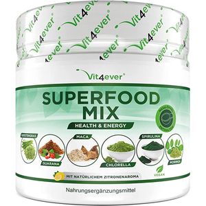 Green Juice Superfoods Mix – 420 gr poeder (shake) – met gerstengras, guarana, maca, chlorella, Spirulina, Moringa – 100% natuurlijke power smoothie – met citroenaroma – veganistisch | Vit4ever