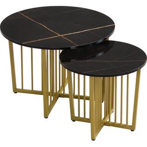 Merax Moderne Salontafel Set van 2 - Bijzettafel met Draaifunctie - Salontafelset in Marmerlook - Zwart en Goud