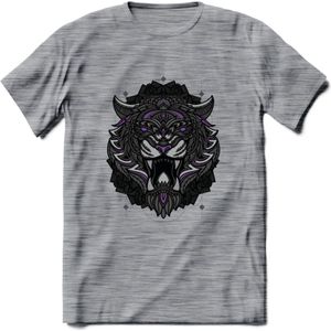 Tijger - Dieren Mandala T-Shirt | Paars | Grappig Verjaardag Zentangle Dierenkop Cadeau Shirt | Dames - Heren - Unisex | Wildlife Tshirt Kleding Kado | - Donker Grijs - Gemaleerd - S