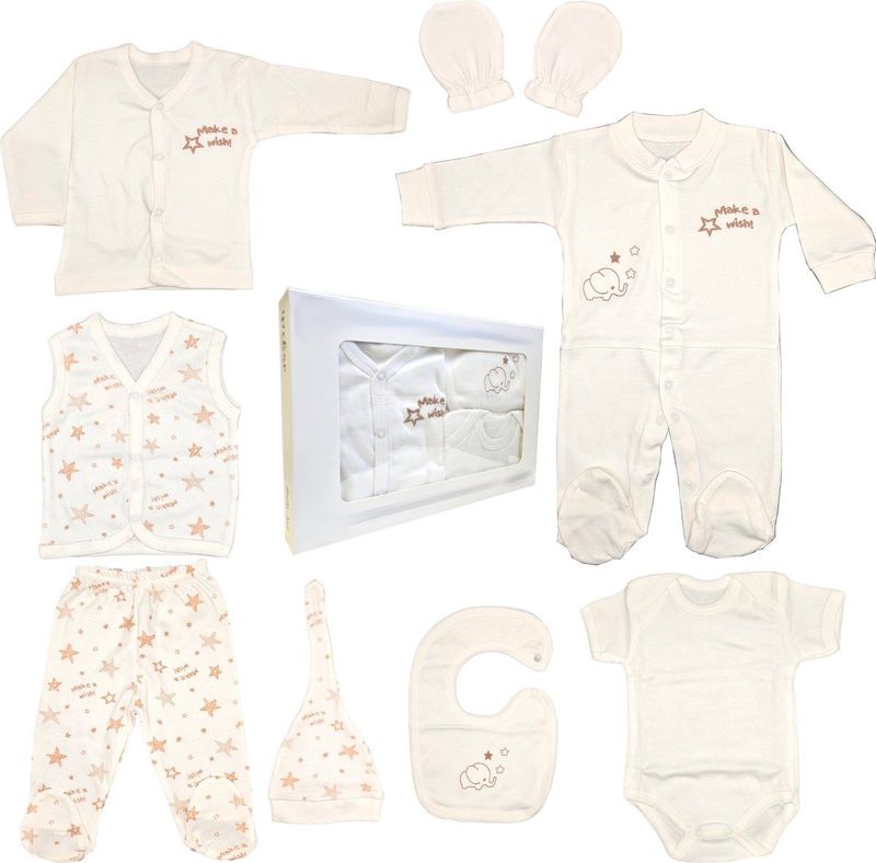 Babycadeauset voor pasgeborenen, 100% natuurlijk katoen, eerste uitrusting, uniseks, kleding, cadeauset, babyuitrusting voor baby's van 0-4 maanden, 8-delig (sterrencrème)