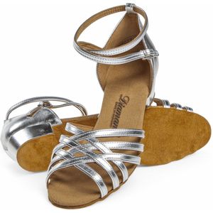 Diamant 141 - 129 - 001 - Comfortabele Dames Dansschoen - Lage stabile 2,8cm blokhak - Suede zool - Latin open teen model - Drukknopsluiting - Brede pasvorm - Soepel leer - Latin, Tango, Salsa, Kizomba, Bachata - Diamant - Zilver - 35