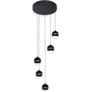 Moderne hanglamp Bilia | 5 lichts | zwart | metaal / kunststof | plaat Ø 40 cm | bol Ø 12 cm | videlamp / eetkamer lamp / woonkamer lamp | modern / sfeervol design