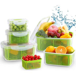 Vershouddozen groenten met deksel zeef, set van 5, 5,8 l + 3,8 l + 2,3 l + 1,3 l + 0,7 l, BPA-vrij, vershouddozen dicht scheidbaar, koelkastorganizer, salade en bessen, groen