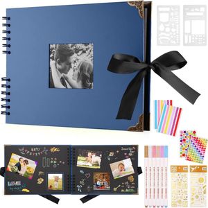 Fotoalbum 29,5 x 21 cm fotoalbum om zelf vorm te geven, zwart, fotoboek met 80 pagina's scrapbook, voor 160 foto's, incl. 6 metallic kleurmarkers, gastenboek voor verjaardag en bruiloft