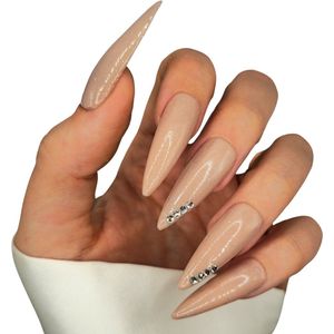 SD Press on Nails - B-271 - Plaknagels met nagellijm - XL Stiletto Kunstnagels - Nude Beige met steentjes - Set 20 Kunstnagels handgemaakt van gellak - Nagellak - Nageltips - Nepnagels - Valse Nagels - Nail Art