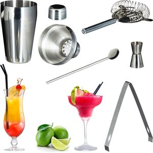 Relaxdays 8x cocktail set 5-delig - barset met shaker - barmixer - cocktailshakerset - rvs