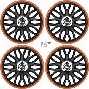 Wieldoppen ORDEN-BOR 15 inch satijn-zwart/oranje rand (set a 4 stuks in doos)