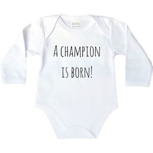 Romper - A champion is born! - maat: 74 - lange mouw - kleur: wit - 1 stuks - rompertje - rompers - rompertjes - baby born - zwangerschap aankondiging - zwanger - zwangerschap - zwangerschap cadeau - kraamcadeau - kraamcadeaus