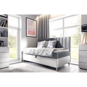 boxspring junior - 90x200- grijs +wit- met vaste matras - bed of sofa zetel met opbergruimte en topper 4cm