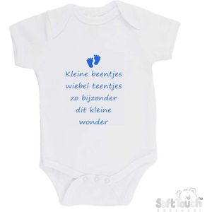 100% katoenen Romper ""Kleine beentjes Wiebel teentjes Zo bijzonder Dit kleine wonder"" Jongens Katoen Wit/blauw Maat 56/62