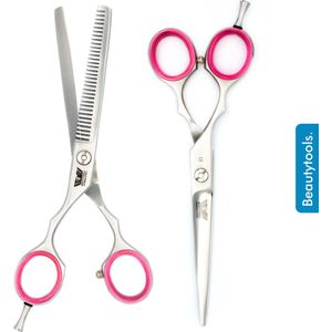 BEAUTYTOOLS Set Linkshandige Kappersschaar + Uitdunschaar/ Effileerschaar - SilverCut (5.5 Inch) - (RLS-2830)