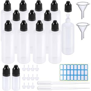 12 stuks 100 ml dropperflessen met kindveilige deksel - inclusief 2 stuks 10 ml dropperfles - overdrachtspipet - trechter - labelstickers - voor vloeistoffen - essentiële oliën - opslag