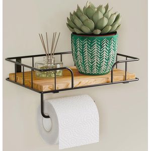 Toiletpapierhouder van hout met plank en box voor vochtige doekjes - Wandmontage voor de badkamer