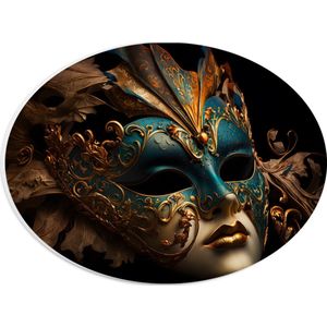 PVC Schuimplaat Ovaal - Venetiaanse carnavals Masker met Blauwe en Gouden Details tegen Zwarte Achtergrond - 28x21 cm Foto op Ovaal (Met Ophangsysteem)