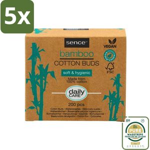 5 x Sence - Bamboe - Wattenstaafjes - Afbreekbaar & Vegan - 200 Wattenstaafjes - Grootverpakking - Bamboe Wattenstaafjes - Vegan Wattenstaafjes - Biologisch Afbreekbaar - Katoen Wattenstaafjes - Duurzame Verzorging