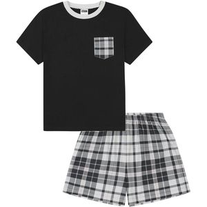 Korte Tartan Check Pyjama Set voor Meisjes in Zwart en Grijs