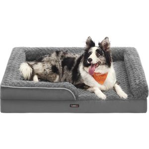 Orthopedisch hondenbed met gewatteerde randen en afneembare pluche hoes - 106 x 81 x 18 cm - Leigrijs