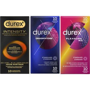 Durex - 30 stuks Condooms - Intensity 10st Nieuwste generatie ultradun, gedeelde lichaamswarmte - Orgasm Intense met Stimulerende Gel 10st - Pleasure Me met ribbels 10st - Voordeelverpakking