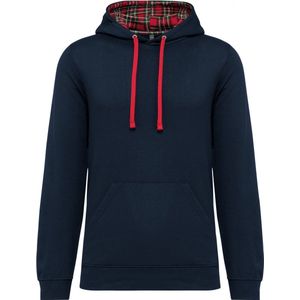 K4013 - Unisex sweater Navy blauw, met contrasterende capuchon met Red tartan motief, maat XL