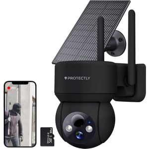 Protectly® Beveiligingscamera Draadloos Buiten – Camerabewaking - Bewakingscamera Voor Buiten - Buitencamera - Buiten Camera Met Nachtzicht - Camera Beveiliging - Oplaadbaar - 3K HD 5MP - Met WiFi en APP - Incl. 64GB SD - Incl. Zonnepaneel - Zwart