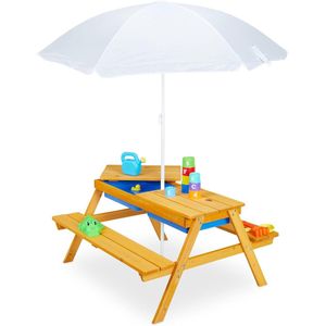 kinderpicknicktafel met parasol, houten kindertafel met bankjes, zand- en watertafel, voor buiten, naturel