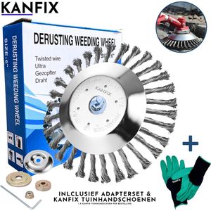 KanFix® Onkruidborstel voor Bosmaaier Electrisch - Voegenborstel - Grastrimmer - Onkruidverwijderaar - Incl Adapterset & KanFix Tuinhandschoenen - 20cm - 8inch