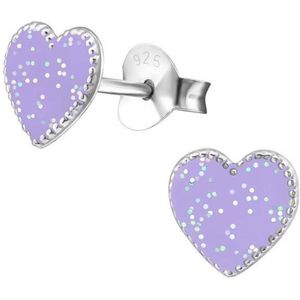 Aramat jewels ® - Kinder oorbellen hartje glitter 925 zilver paars 7mm