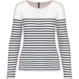 T-shirt Dames S Kariban Ronde hals Lange mouw White / Navy Stripes 100% Katoen